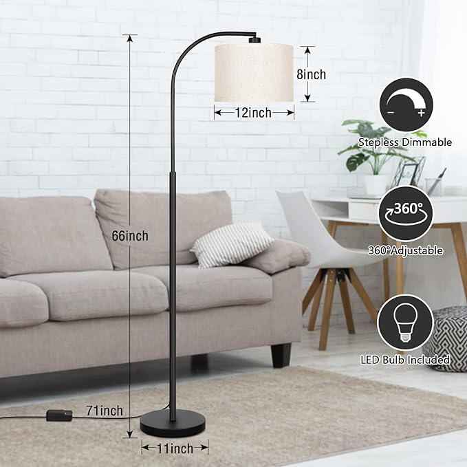 Photo 3 of (READ FULL POST) Boncoo Modern Floor Lamp for Living Room, Arc Floor Lamp with Adjustable Hanging Shade, Black Arched Light with Dimmable Pedal Switch for Bedroom Study Room Office, 9W 3000K LED Bulb Included