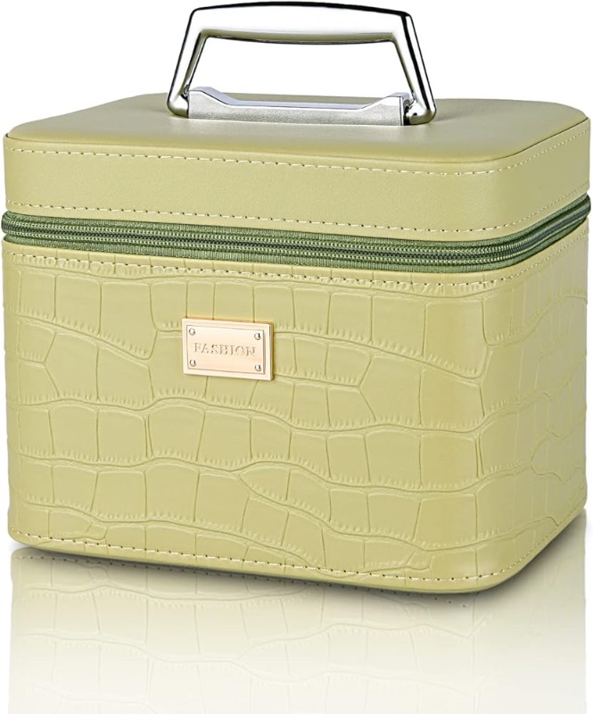 Photo 1 of Makeup organizer box, Portable leather hard cosmetic case with mirror, Green Large capacity cosmetic box 