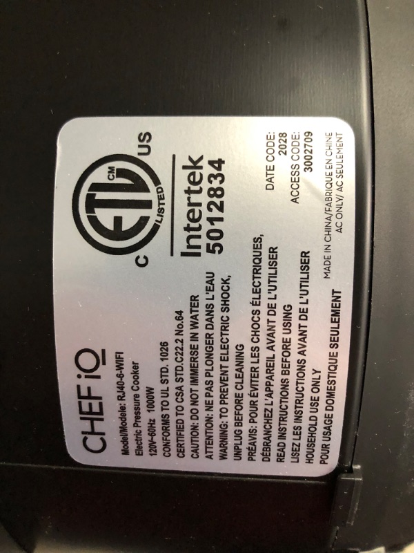 Photo 7 of ***NOT FUNCTIONAL - DOES NOT POWER ON - FOR PARTS ONLY - NONREFUNDABLE***
CHEF iQ Smart Pressure Cooker 10 Cooking Functions & 18 Features, Built-in Scale, 1000+ Presets & Times & Temps w/App for 600+ Foolproof Guided Recipes, Rice & Slow Electric MultiCo