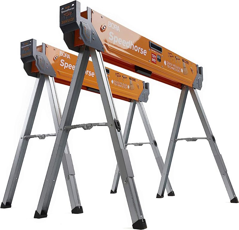 Photo 1 of ***LEG DAMAGED - PARTS LIKELY MISSING***
Bora Portamate Speedhorse Sawhorse Pair– Two Pack, Table Stand with Folding Legs, orange
