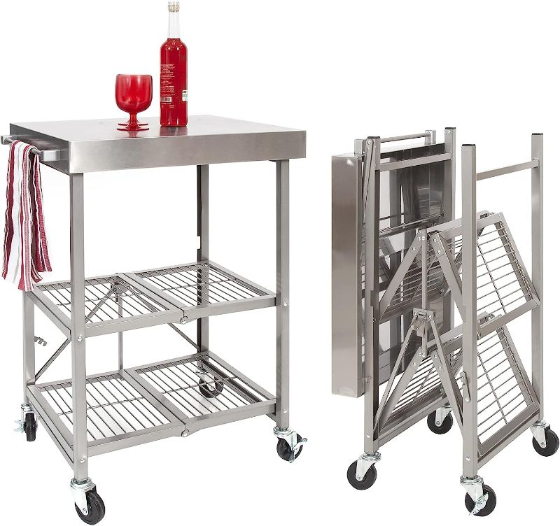 Photo 1 of **MISSING HARDWARE AND WHEELS**
Origami Stainless Steel Table with Wheels, 3-Tier Foldable Rolling Cart 