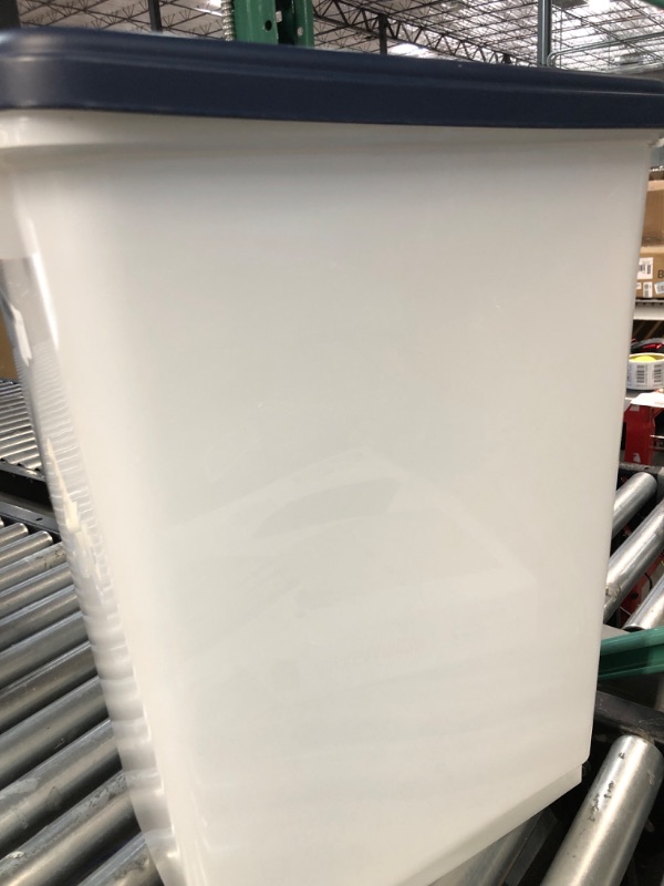 Photo 3 of **damaged on the side (shown in photo's) ** IRIS USA 47Qt./35Lbs. WeatherPro Airtight Pet Food Storage Container with Attachable Casters, Navy/Pearl