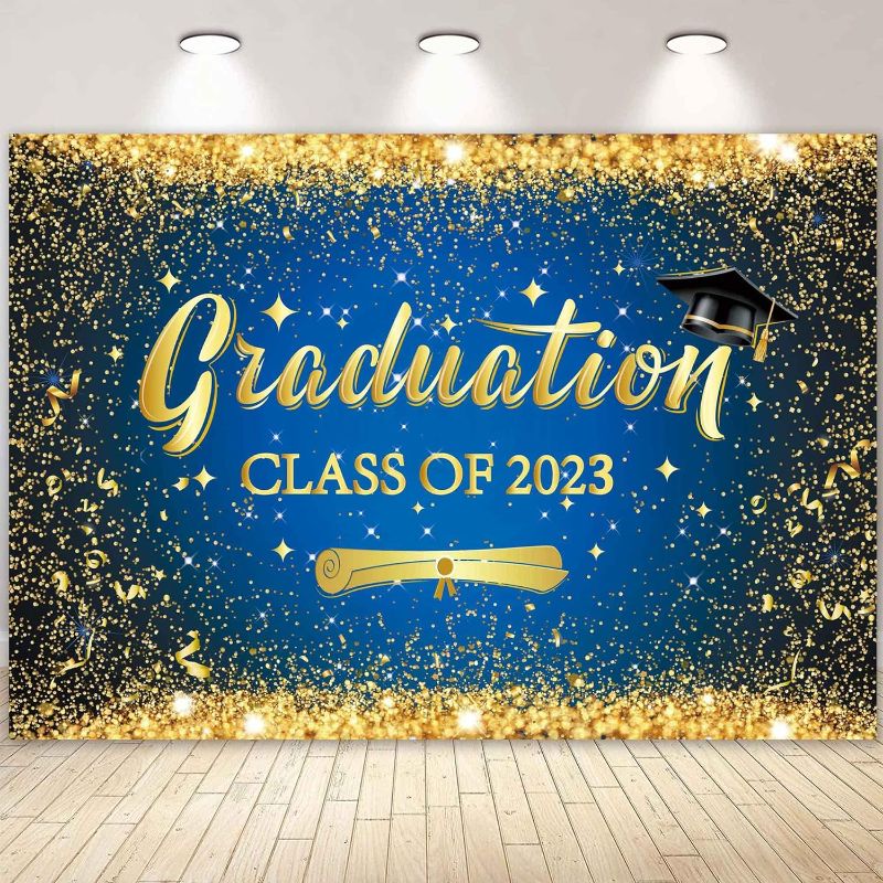 Photo 1 of YongFoto 10x7ft Congrats Grad Backdrop Blue and Gold Graduation Photography Background Golden Balloons Trencher Cap Graduation 