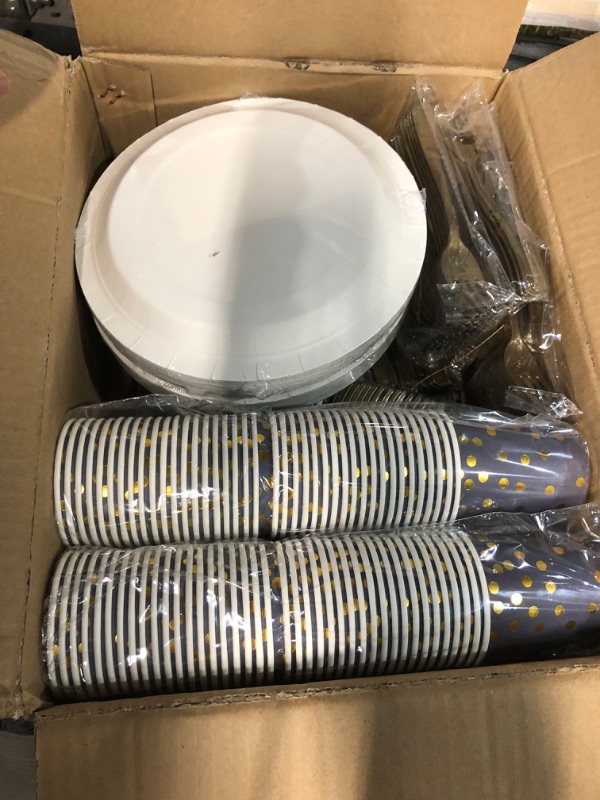 Photo 2 of 175PCS Blue Party Plates,Royal Blue Plates and Napkins Supplies,Blue Gold Dots Plates Decorations With Knife Fork Spoon 