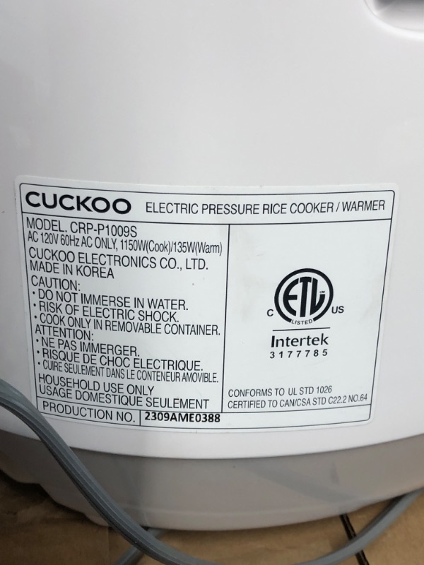Photo 2 of ***MAJOR DAMAGE - BOTTOM CRACKED - POWERS ON - SEE PICTURES***
Cuckoo CRP-P1009SW 10 Cup Electric Heating Pressure Cooker & Warmer – (White), 12 Built-in Programs