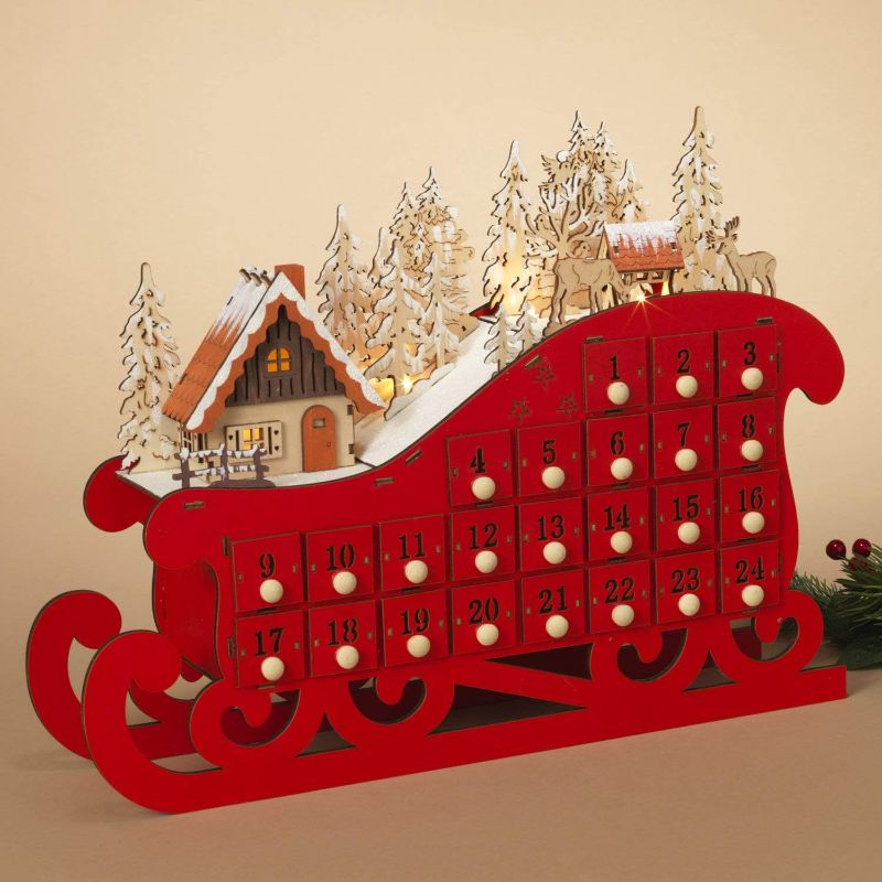 Photo 1 of  Red Wooden Sleigh Rustic Reusable Advent Calendar for Kids and Adults - Christmas Countdown Decoration with 24 Storage Drawers
