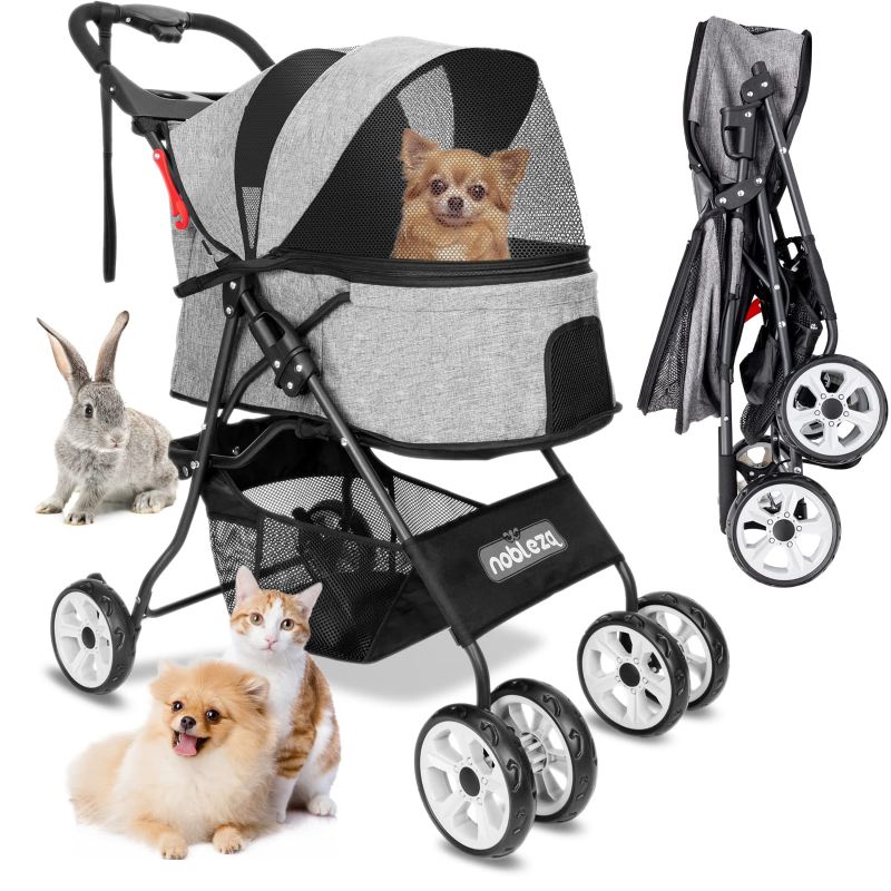 Photo 1 of 
Nobleza Pet Stroller, 4 Wheels Folding Dog Stroller with Cup Holder Universal Wheel Cat Stroller with Four-Way Mesh Window Large Storage Basket Travel Dog...