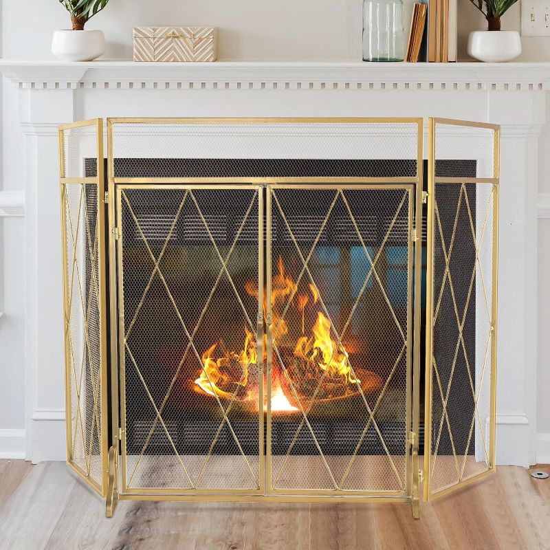 Photo 1 of 
POWLAB Double Door Fireplace Screen 50 x 32Inch Large 3 Panel Foldable Wrought Iron Free Standing Fireplace Screen Rustic Modern Mesh Furnace Fireguards...
Size:Gold Screen with door(50''X32