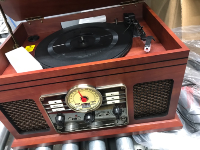 Photo 2 of Victrola Nostalgic 6-in-1 Bluetooth Record Player & Multimedia Center with Built-in Speakers - 3-Speed Turntable, CD & Cassette Player, FM Radio | Wireless Music Streaming | Mahogany Mahogany Entertainment Center