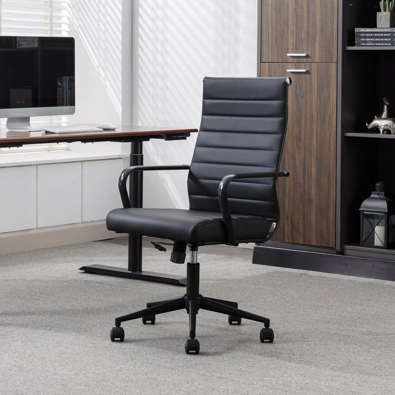 Photo 1 of Okeysen Black Office Desk Chair, Ergonomic Leather Modern Conference Room Chairs, Executive Ribbed Height Adjustable Swivel Rolling Chair for Home Office.
