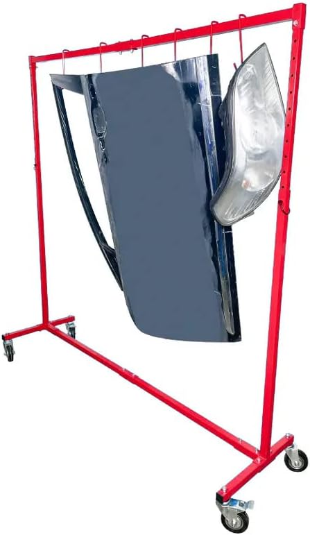 Photo 2 of Adjustable Height Painting Hanger Rack, Automotive Paint Stand 6 Hooks, Auto Body Stand for Hoods Doors, Painting Drying Rack w/ 4 Swiveling Wheels, Paint Rack Stand, Automotive Tool, Red
