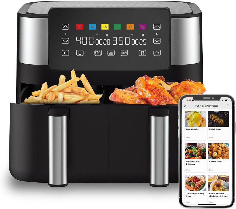 Photo 1 of JOYAMI Air Fryer with 2 Baskets, 8 QT Dual Basket AirFryer with Sync-Finish, Nonstick and Dishwasher Safe, 6-in-1 Airfryer for Air Fry, Bake, Dehydrate, Roast, Broil & More, 1800W, Black
