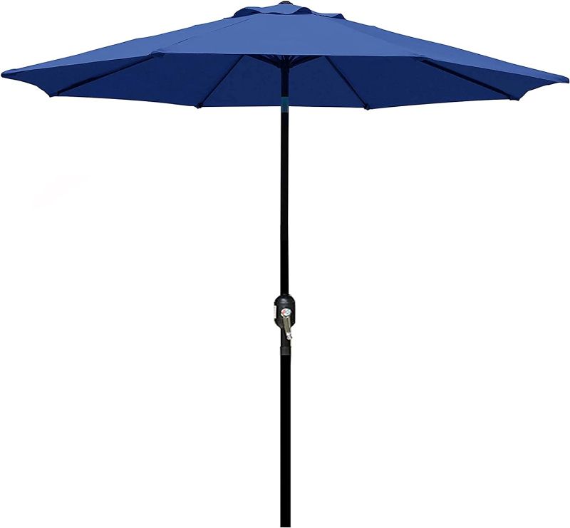 Photo 1 of  9' Outdoor Patio Umbrella, Striped Market Umbrella with Push Button Tilt and Crank (Navy Blue)
