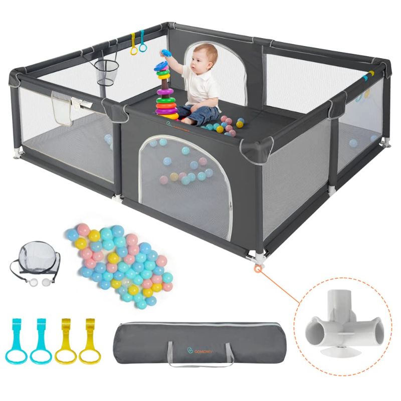 Photo 1 of COMOMY Playpens for Babies and Toddlers, 71"x59" Baby Playard Extra Large, Safe and Non-Slip Baby Fence, Full Mesh Design, Indoor & Outdoor Kids Activity Center, Baby Play Pens (Dark Grey)
