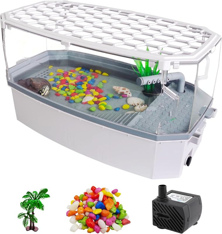 Photo 1 of  Small Turtle Tank with Lid, Acrylic Turtle Aquarium with Water Pump, Full View Visually Reptile Turtle Habitat, Easy to Clean and Change Water, Multi Functional Area, Small, White
