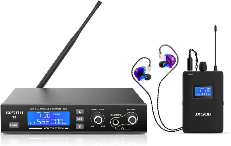 Photo 1 of JXSOU Wireless in-Ear Monitor System, Wireless IEM Syetem, UHF PLL 550-580MHZ Band Selectable Frequency, Stereo Monitor System with Earphone for Stage,...
