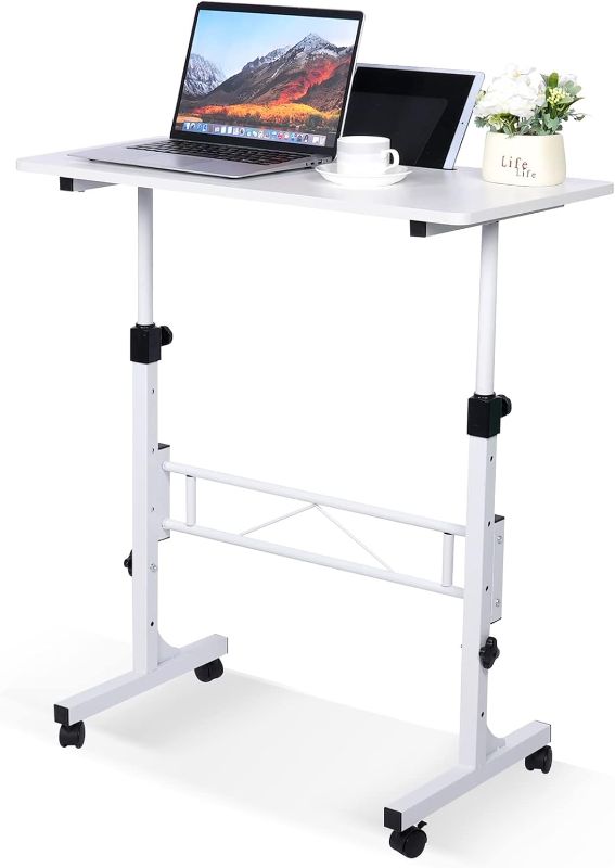 Photo 2 of KLSMYHOKI Standing Desk Adjustable Height, Mobile Stand Up Desk with Wheels Small Computer Desk Rolling Desk, Portable Laptop Desk White Standing Table Home Office Desks 16"x31.5" Height 27"-43.5"