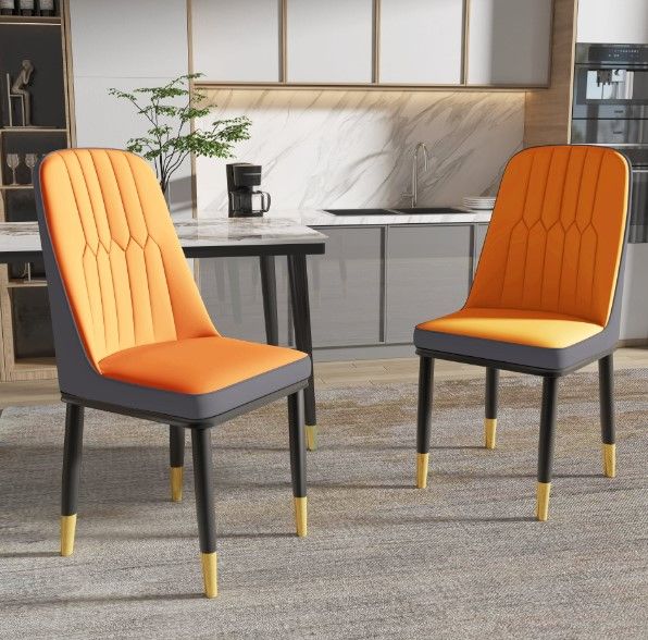 Photo 1 of (READ NOTES) Odinlake PU Leather, Living Room Kitchen Dining Without Armrest, Modern Minimalist Coffee Shop Leisure Reception Chair with Metal Legs, Set of 2, Orange+Armless
