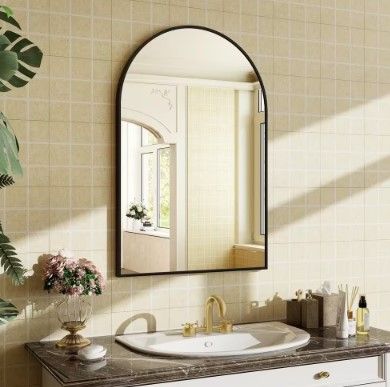 Photo 1 of 24 in. W x 36 in. H Arch Metal Framed Wall Bathroom Vanity Mirror Black
