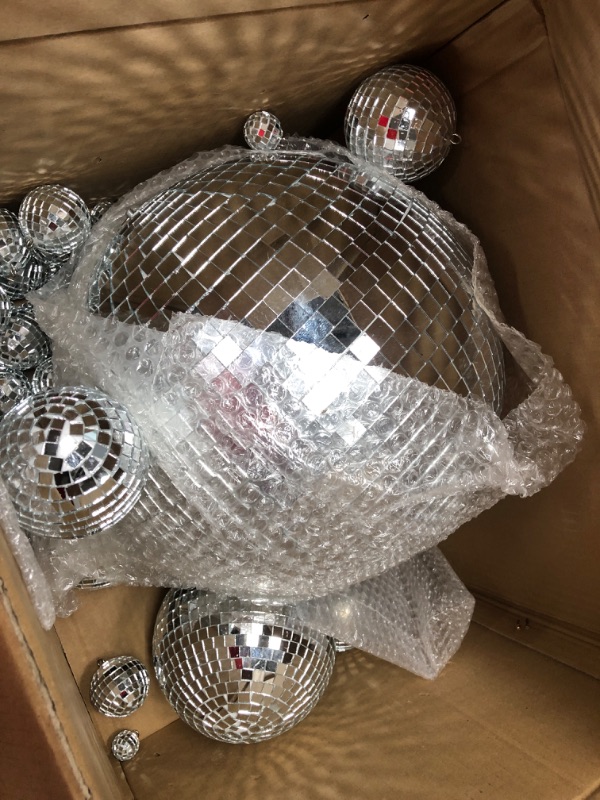 Photo 2 of 50 Pcs Disco Balls Ornaments Mini Disco Balls Silver Hanging Decorations Reflective Mirror Ball Cake Decoration 70s Disco Party Supplies for Christmas Festive (12'', 6'', 4'', 3.2'', 2'', 1.2'')