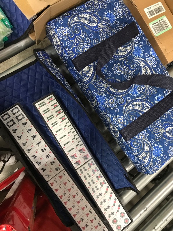 Photo 3 of American Mahjong Game Set,Blue Paisley Carrying Bag,166 Premium White Tiles,4 All-in-One Color Rack/Pushers,100 Chips,1 Wind Indicator,Western Mahjongg Set,Complete Ma Jong Set with English Manual