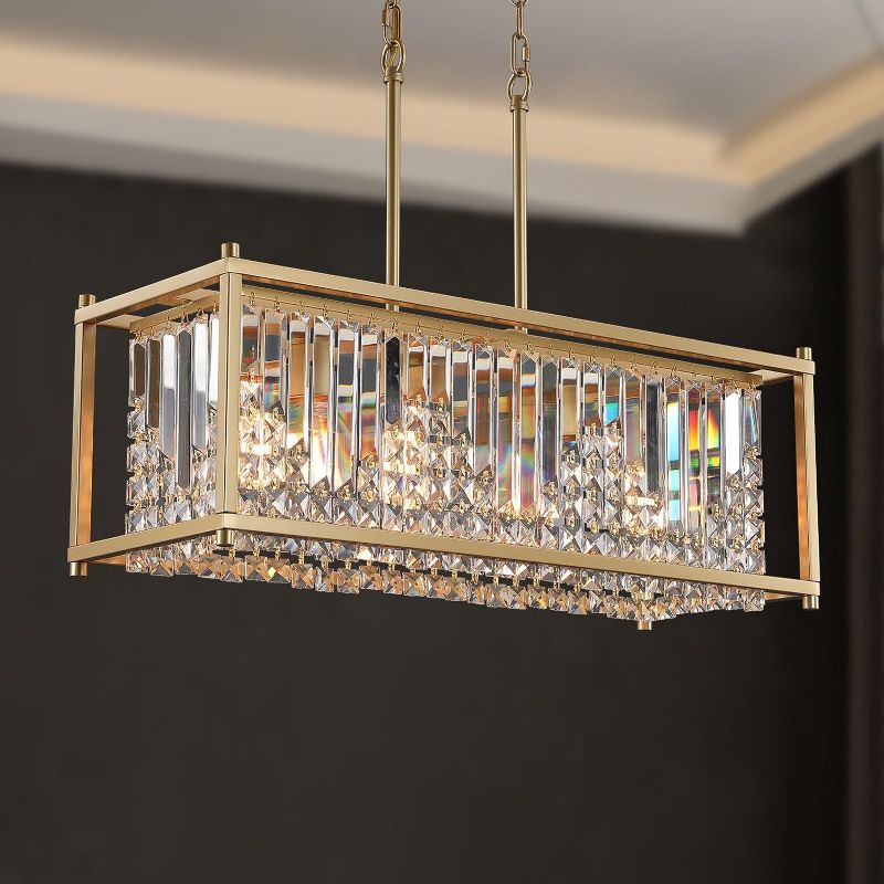 Photo 1 of ***Parts Only***Q&S Gold Modern Chandelier,Antique Brass Rectangle Crystal Chandeliers for Dining Room,Industrial 4 Lights Hanging Pendant Light Fixture for Kitchen Island Living Room Bar Office UL Listed