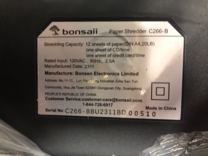 Photo 2 of Bonsaii 12-Sheet Micro Cut Shredders for Home Office, 60 Minute P-4 Security Level Paper Shredder for CD, Credit Card, Mails, Staple, Clip, with Jam-Proof System & 4.2 Gal Pullout Bin C266-B 1 2 Sheet-60Mins(New)