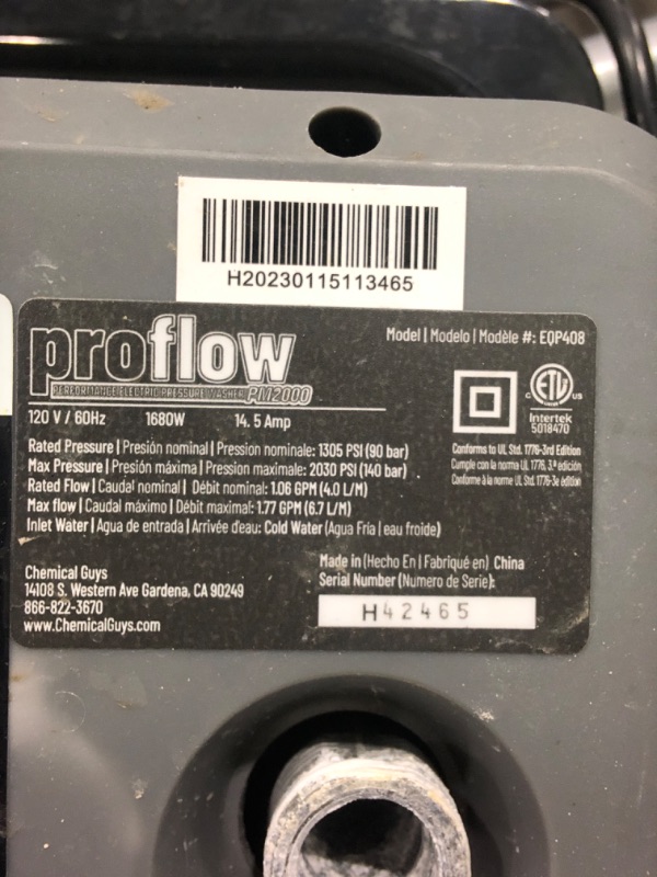 Photo 5 of Chemical Guys EQP408 ProFlow Performance Electric Pressure Washer PM2000, 14.5-Amp Motor 2030 Max PSI, 1.77 GPM, Includes 5 Full Range QC Tips, Cleans Cars, Patios, Driveways, Homes and More , Gray