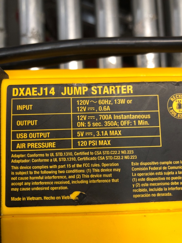 Photo 5 of DEWALT DXAEJ14 Digital Portable Power Station Jump Starter: 1400 Peak/700 Instant Amps, 120 PSI Digital Air Compressor, 3.1A USB Ports, Battery Clamps , Yellow