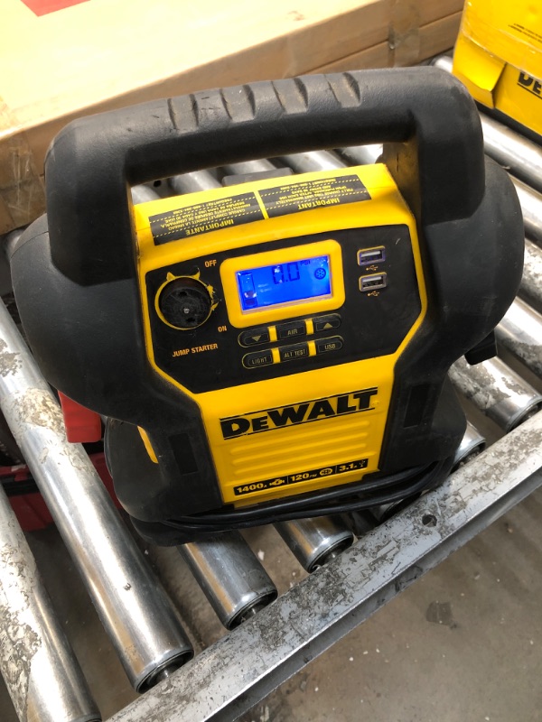 Photo 2 of DEWALT DXAEJ14 Digital Portable Power Station Jump Starter: 1400 Peak/700 Instant Amps, 120 PSI Digital Air Compressor, 3.1A USB Ports, Battery Clamps , Yellow