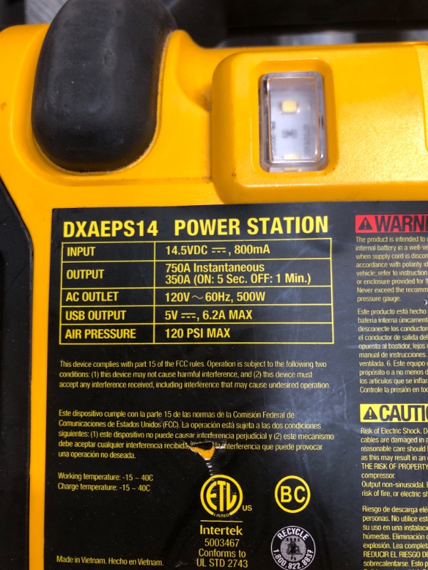 Photo 4 of DEWALT DXAEPS14 1600 Peak Battery Amp 12V Automotive Jump Starter/Power Station with 500 Watt AC Power Inverter, 120 PSI Digital Compressor, and USB Power , Yellow