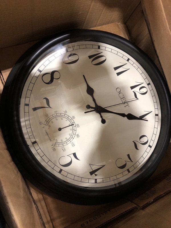 Photo 1 of OCEST 16 Inch Large Outdoor Clock, Waterproof Wall Clock with Thermometer, Weather-Resistant Non-Ticking Battery Operated Decor Clock for Patio, Pool, Lanai, Fence, Porch, Garden,Bathroom (16 Inch)