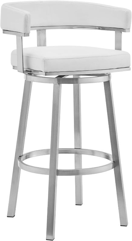 Photo 1 of (NON-REFUNDABLE) Armen Living Lorin 30" White Faux Leather and Brushed Stainless Steel Swivel Bar Stool 30" Bar Height White