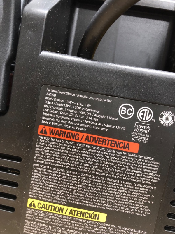 Photo 4 of (Parts Only) STANLEY J5C09D Digital Portable Power Station Jump Starter: 1200 Peak/600 Instant Amps, 120 PSI Air Compressor, 3.1A USB Ports, Battery Clamps 1,200 Peak Amps