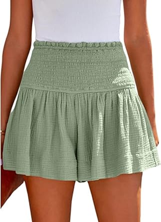 Photo 1 of Heyakso Flowy Shorts for Women High Elastic Waisted Pleated Cute Beach Shorts Casual Cotton Shorts with Lining 2023 -Large green