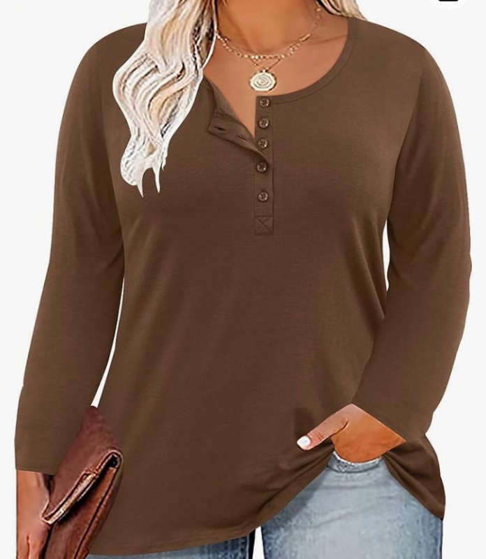 Photo 1 of CARCOS Womens Plus Size Henley Tops Long Sleeve Shirts Crewneck Button Up Blouse Pullover 3 xl