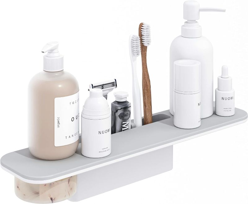 Photo 1 of 3 KUKAKETA Bathroom Organizer Shelf with Toothbrush Holders, Soap Dish, Shower Caddy Bathroom Shelves Wall Mounted Shower Shelf Space Saver Bathroom Storage - Adhesive or Drilling (white - light gray)
