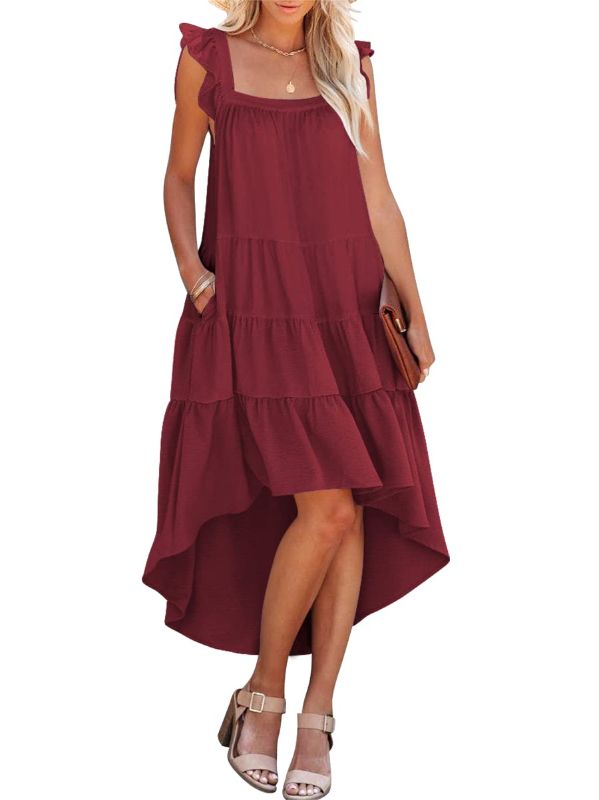 Photo 1 of Prinbara Women's Summer Midi Dress Sleeveless Ruffle Sleeve Colorblock Solid Loose Fit Flowy Pleated Dress with Pockets Wine Red Small