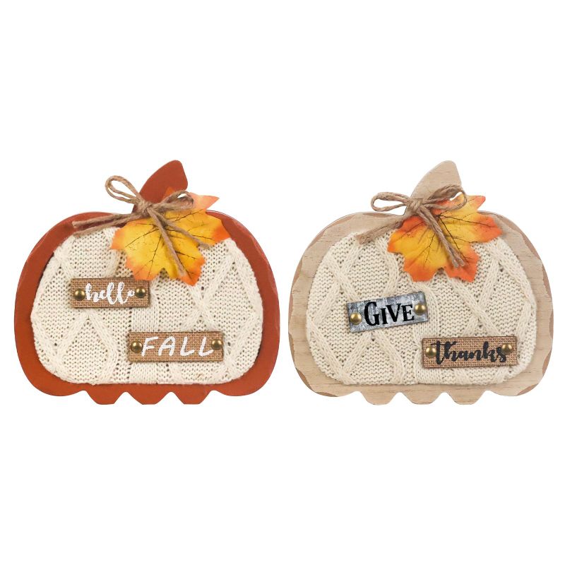 Photo 1 of 2 DEWBIN Thanksgiving Decorations for Home, Fall Decorations, Large Size 2 Pack Pumpkin Wood Sign with HELLO FALL and GIVE THANKS Lettered for Thanksgiving Decor, Fall Decor for Table, Tiered Tray Fall-6004