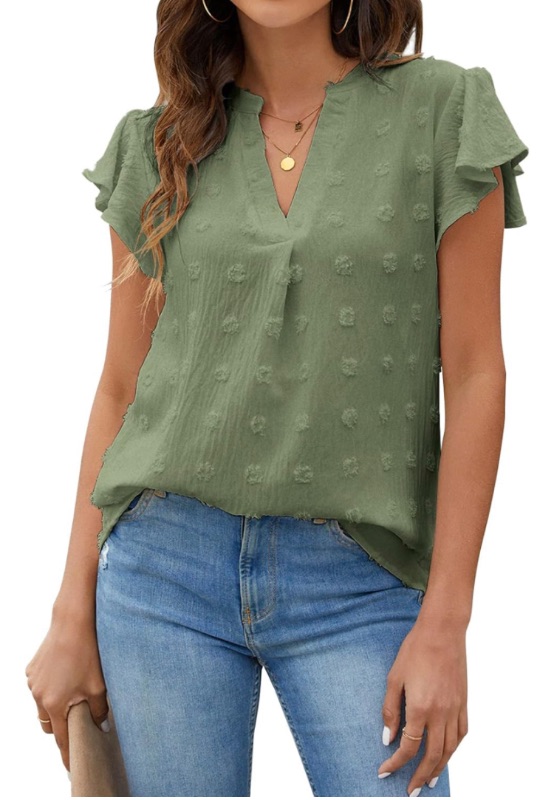 Photo 1 of Blooming Jelly Womens green Blouse V Neck Ruffle Sleeve Flowy Shirts Dressy Casual Cute Summer Tops XXL