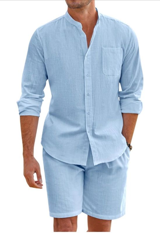Photo 1 of COOFANDY Linen Sets For Men 2 Piece Button Down Shirt Long Sleeve And Casual Beach Drawstring Waist Shorts Summer Outfits XL