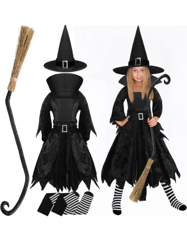 Photo 1 of Mepase Halloween Witch Costume Girl Gothic Sorceress Accessory Hat Witch Broom White and Black Striped Tights for Kids