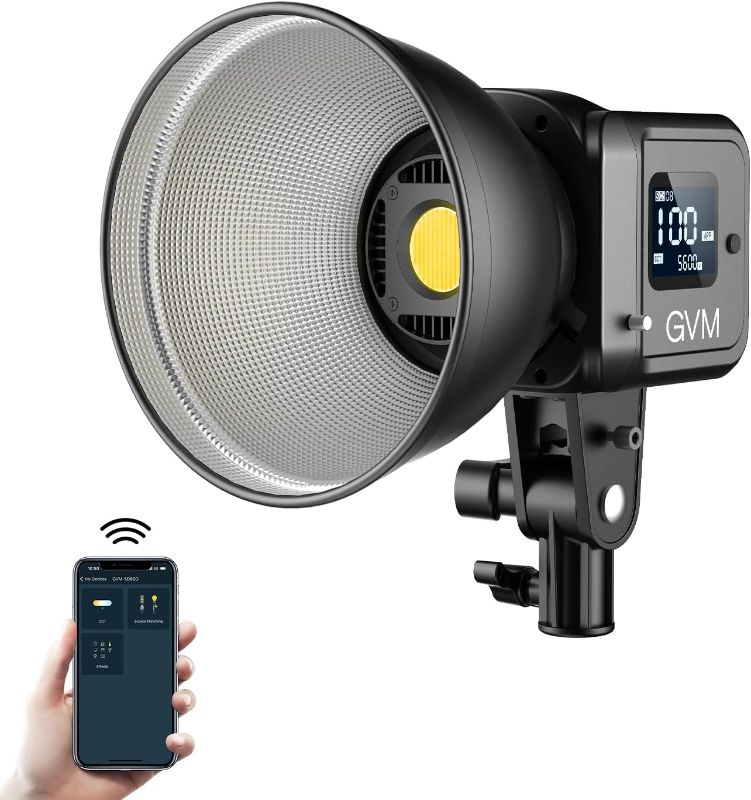 Photo 1 of GVM 80W Video Light, Continuous Lighting for Photography with Bowens Mount, 2700~7500K, 44100Lux/0.5m Studio Light with APP, CRI 97+ Bi-Color 8 Scene Lights Support AC Adapter & NP Battery
