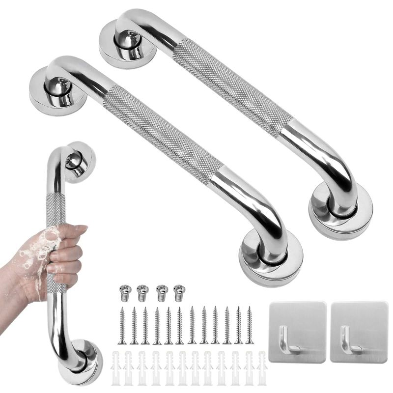 Photo 1 of 2 boxes - 2 Pack 16 in Grab Bars for Bathtubs and Showers, DorkTees Knurled Anti-Slip Stainless Steel Shower Handle, Support Balance Armrest, Elderly, Pregnant, Children, Handicap Senior Assist Bath Handle 2 Pack 304-16in