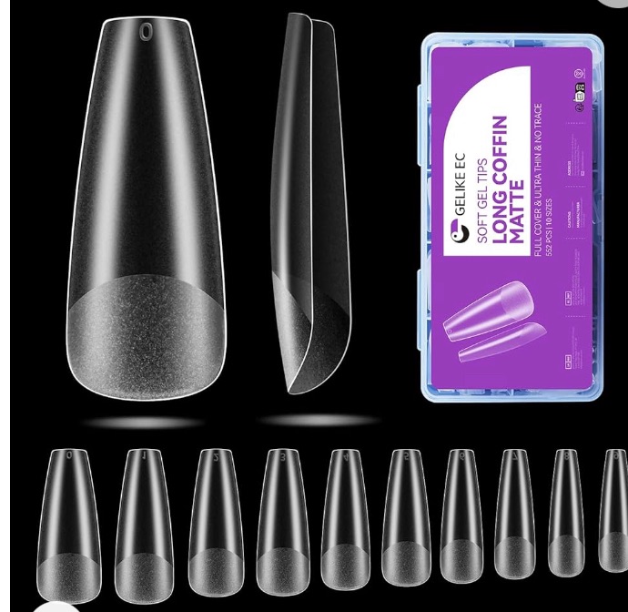 Photo 1 of 2 sets
 EC 552Pcs Soft Gel Full Cover Nail Tips Kit for Soak Off Nail Extensions, Clear Long Matte Coffin Gelly Tips Pre-buff PMMA False Press on Nail Tips, 10 Sizes