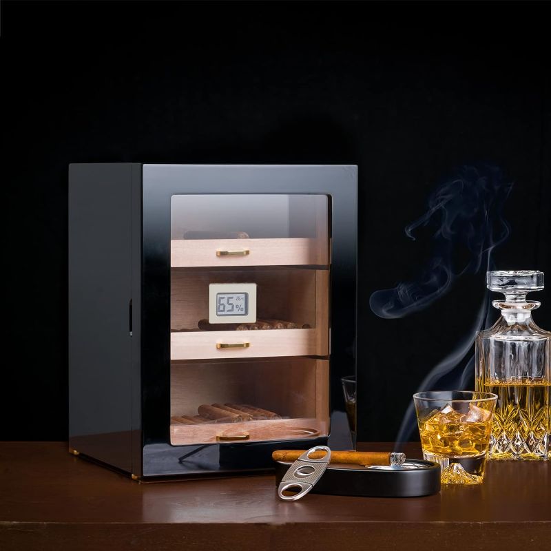 Photo 1 of **SEE CLERK COMMENTS&***
Woodronic Cigar Humidor Cabinet for 100-150 Cigars with Digital Hygrometer, 2 Crystal Gel Humidifiers, Spanish Cedar Liner and Drawers, Magnetic Door, Polished Piano Black, Desktop Gift for Father
