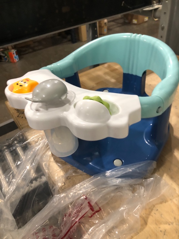 Photo 2 of Baby Bath Seat - 2 Rotating Toys + 1 Pressing Toy - Ergonomic Backrest - Side Opening Design - 4 Powerful Non-Slip Suction Cups - Ideal Gift for Infant 6 12 24 36 Months (Blue)