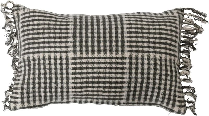 Photo 1 of 20" x 12" Cotton Flannel Lumbar Pillow with Gingham Pattern & Fringe