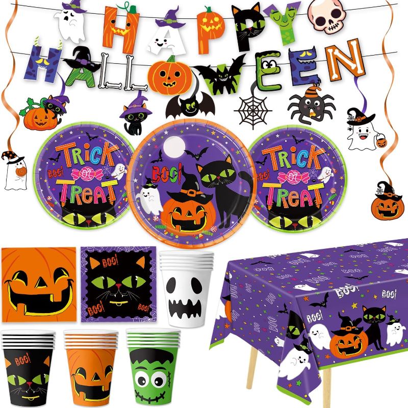 Photo 1 of 106 Pcs Halloween Party Supplies Tableware Set for Halloween Holiday Party Decorations Includes Trick or Treat Plates, Napkins, Cups, Hanging Swirls, Tablecloth, Banner, Serves 24 Guests
