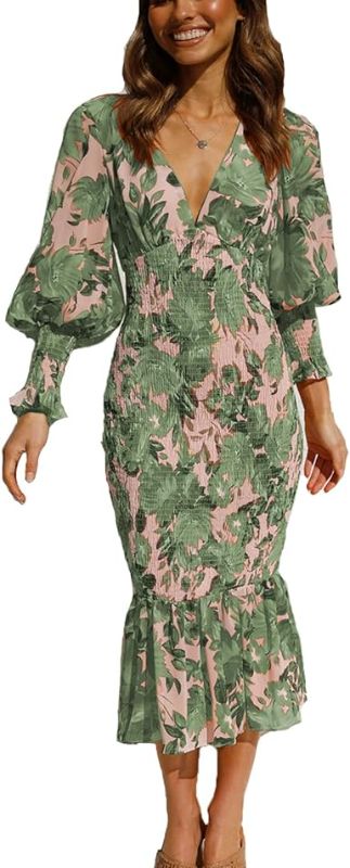Photo 1 of JASCLS Women's Summer Floral Midi Bodycon Dresses Lantern Sleeve V Neck Ruffle Hem Mermaid Cocktail Dress GREEN SIZE XL
